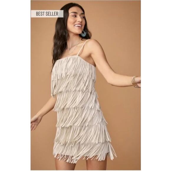 Francesca’s Audrey Parks Cream Fringe Western Party Mini Dress Size Small - Picture 1 of 11